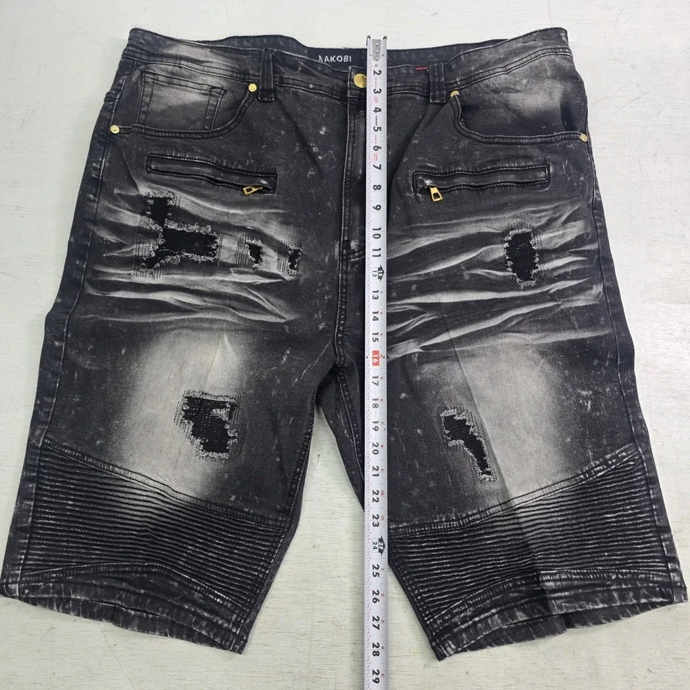 Makobi Biker Shorts Men's Size 44 Black Acid Wash Distressed Moto Streetwear Y2K